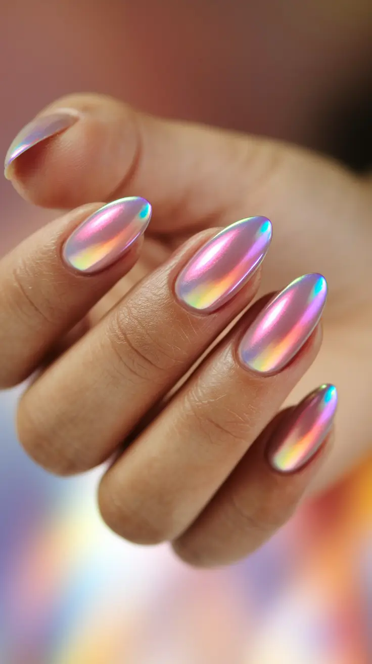 fall nails art 2025 Holographic Sunset Shine