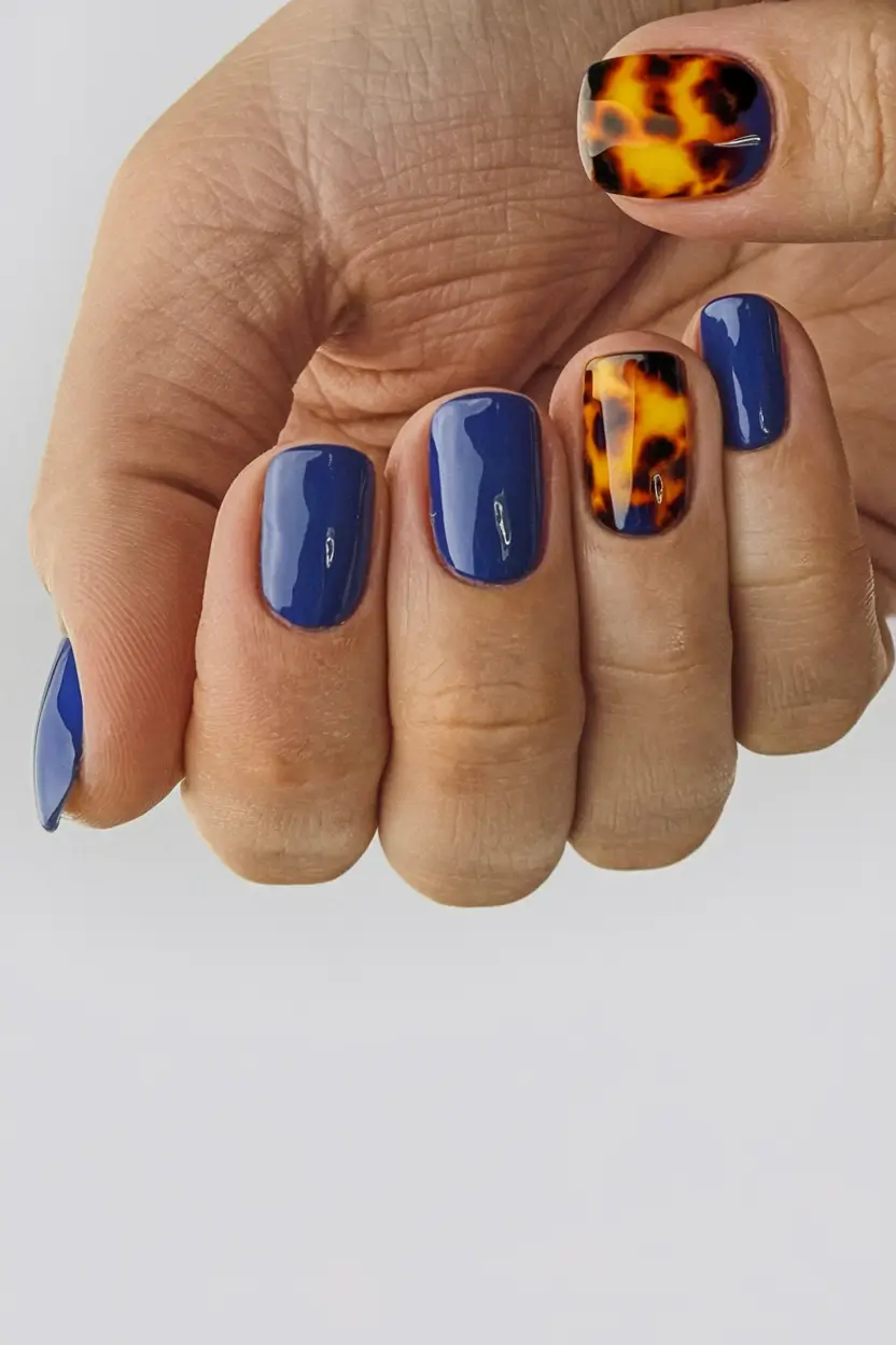 fall nails art short Royal Blue Meets Bold Tortoise