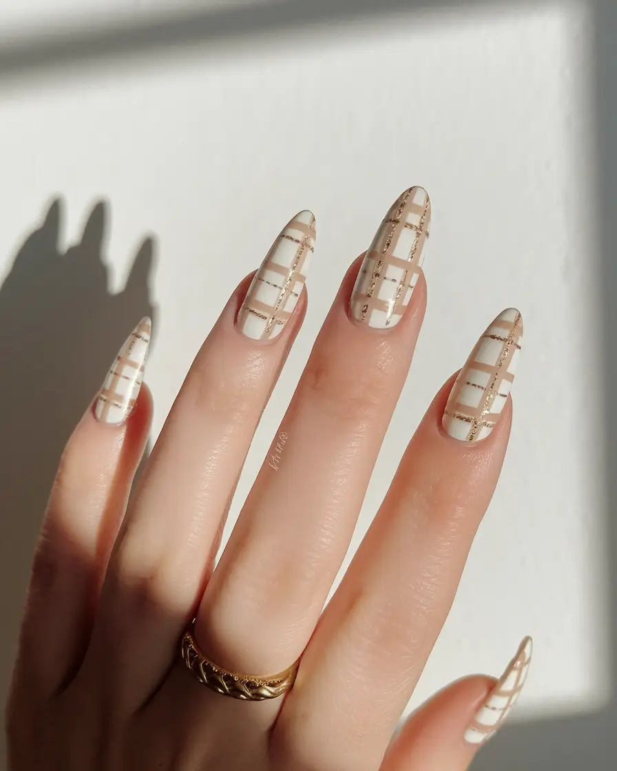 fall nails art autumn Neutral Plaid with Golden Threads