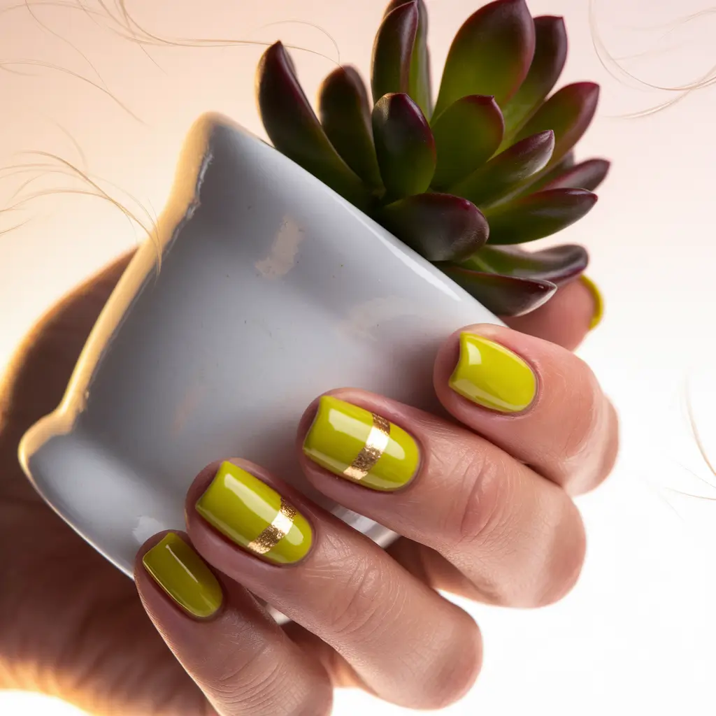 fall nails art ideas 2025 Fresh Chartreuse with Metallic Accent