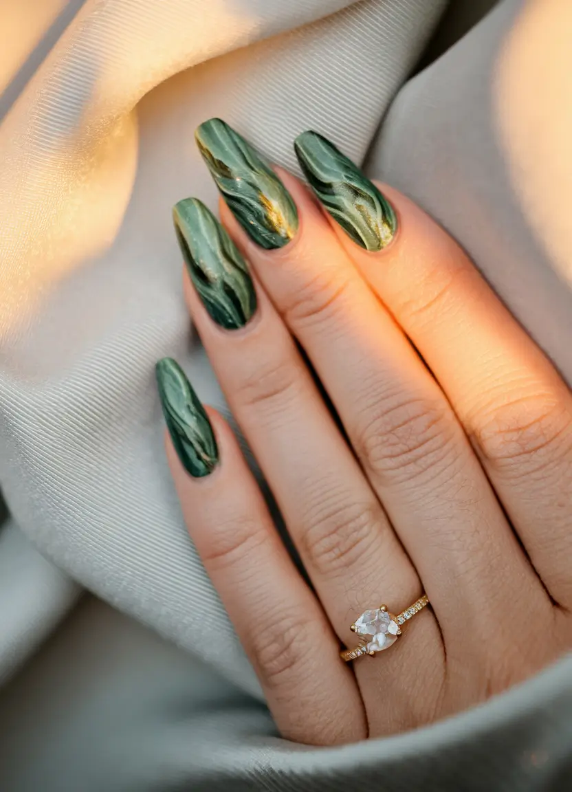 fall nails art design Marbled Green Majesty