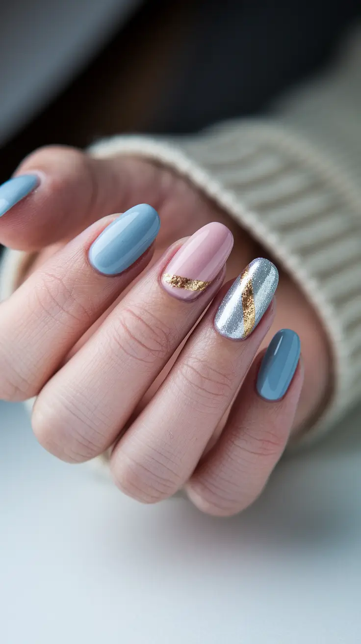 fall nails art simple Metallic Twist with Soft Blue Elegance