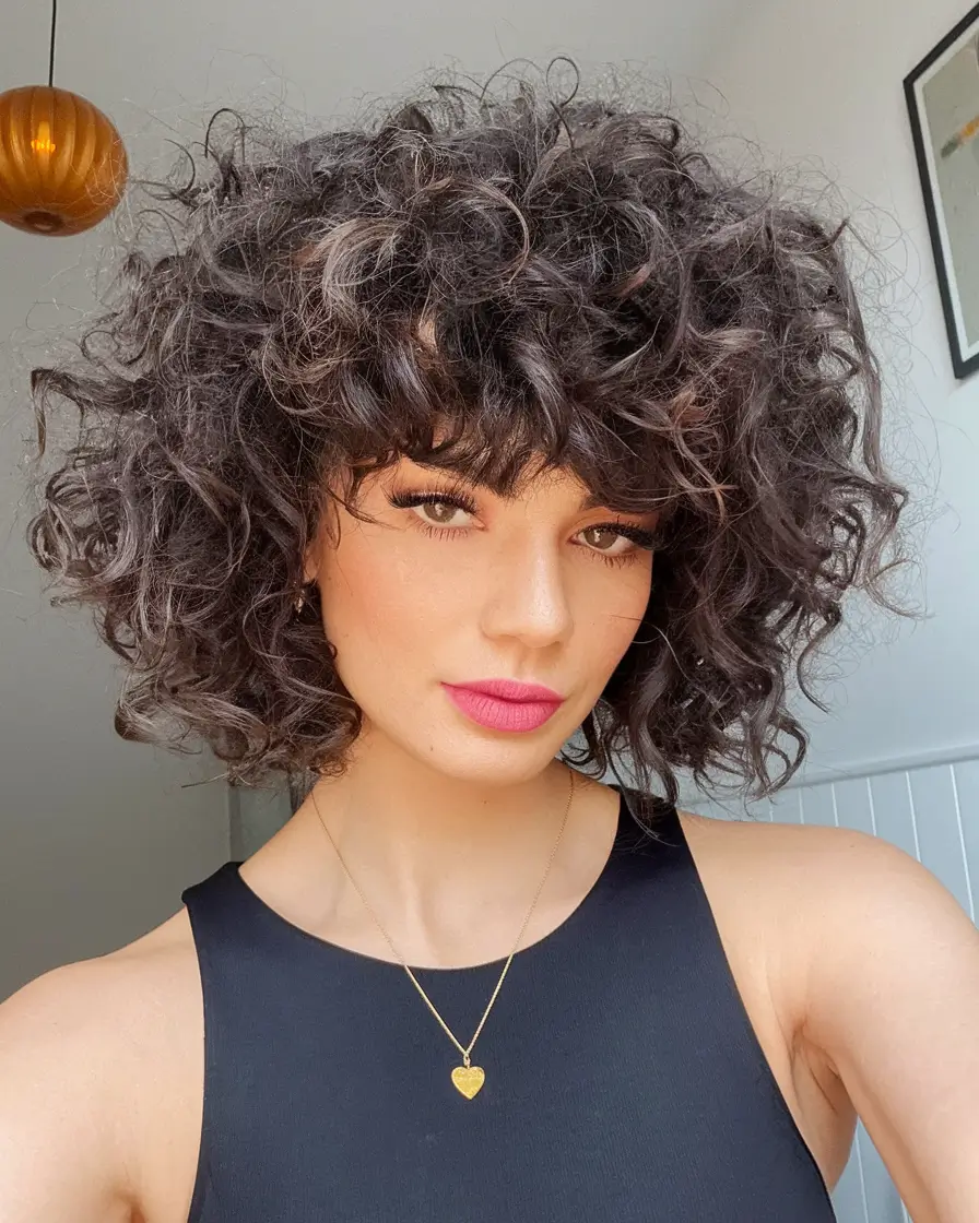 fall shag haircuts Voluminous Curly Shag with Face-Framing Bangs