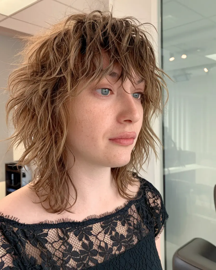 fall shag haircut ideas 2025 - Curly Shag with Layered Bangs