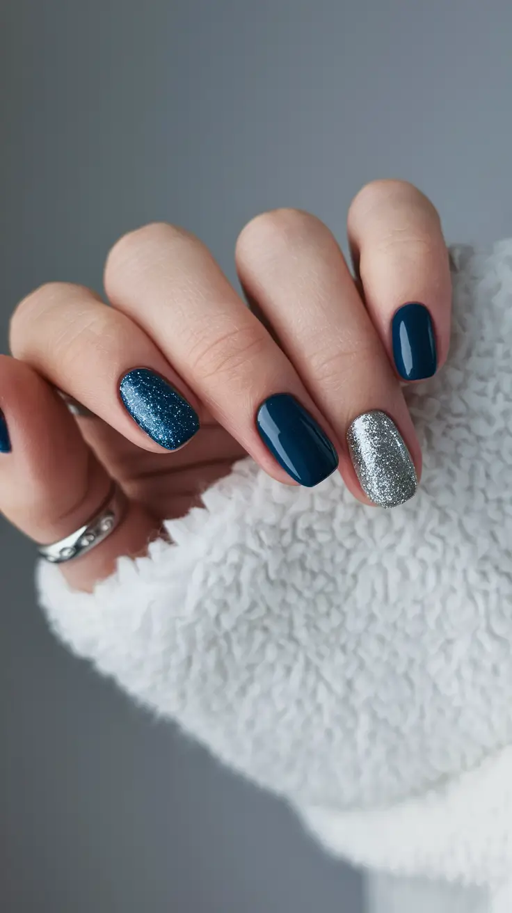 september nails color fall 2025+Midnight Sapphire Meets Silver Sparkle