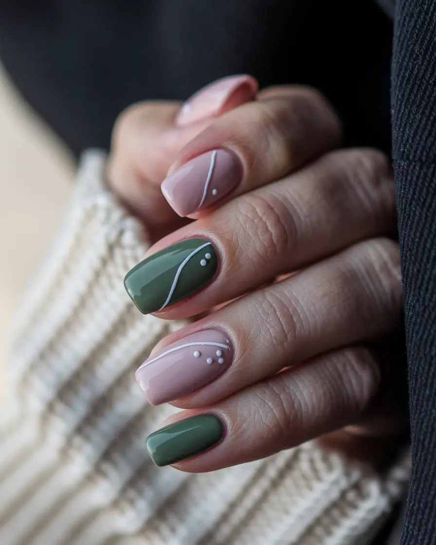 september nails color fall short almond+Earthy Sage and Blush with Minimalist Lines