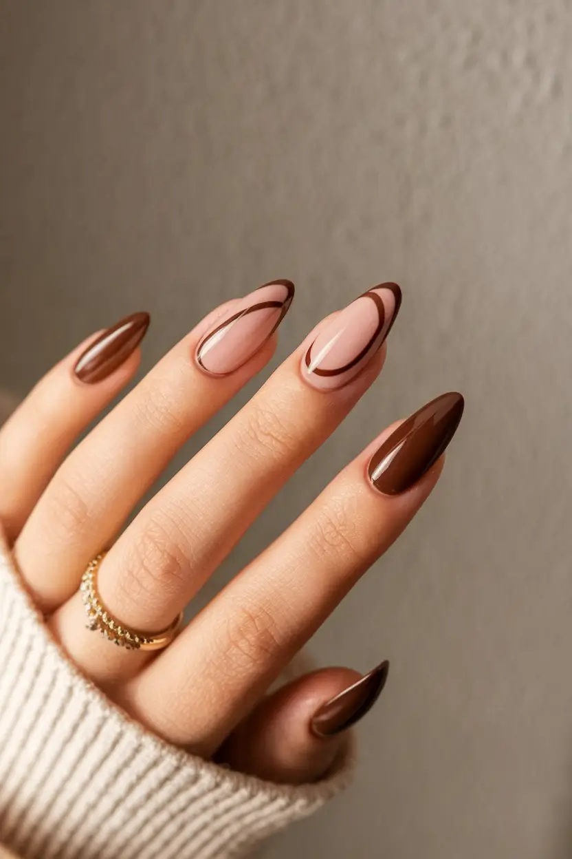 september nails color fall dip powder+Espresso Swirl on Almond Tips