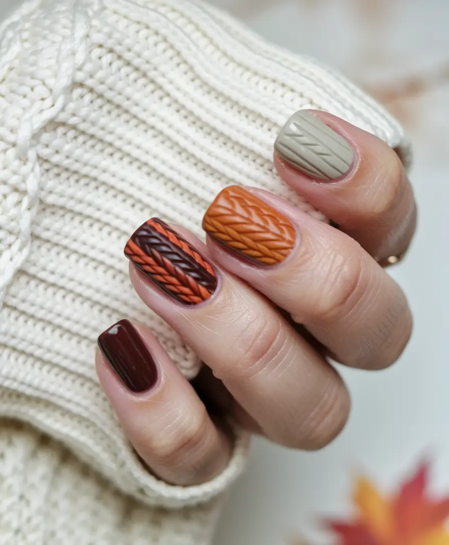 september nails color fall dip short+Cozy Cable Knit Textures in Fall Tones