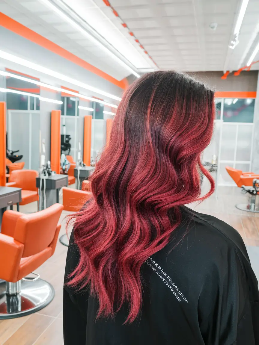 hair color ideas for fall winter balayage+Raspberry Merlot Waves with Moody Contrast