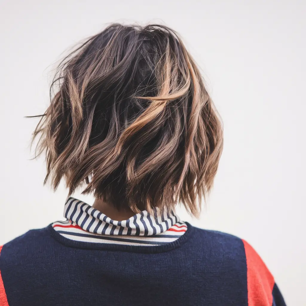 hair color ideas for fall winter balayage+Textured Mocha Bob with Subtle Caramel Highlights