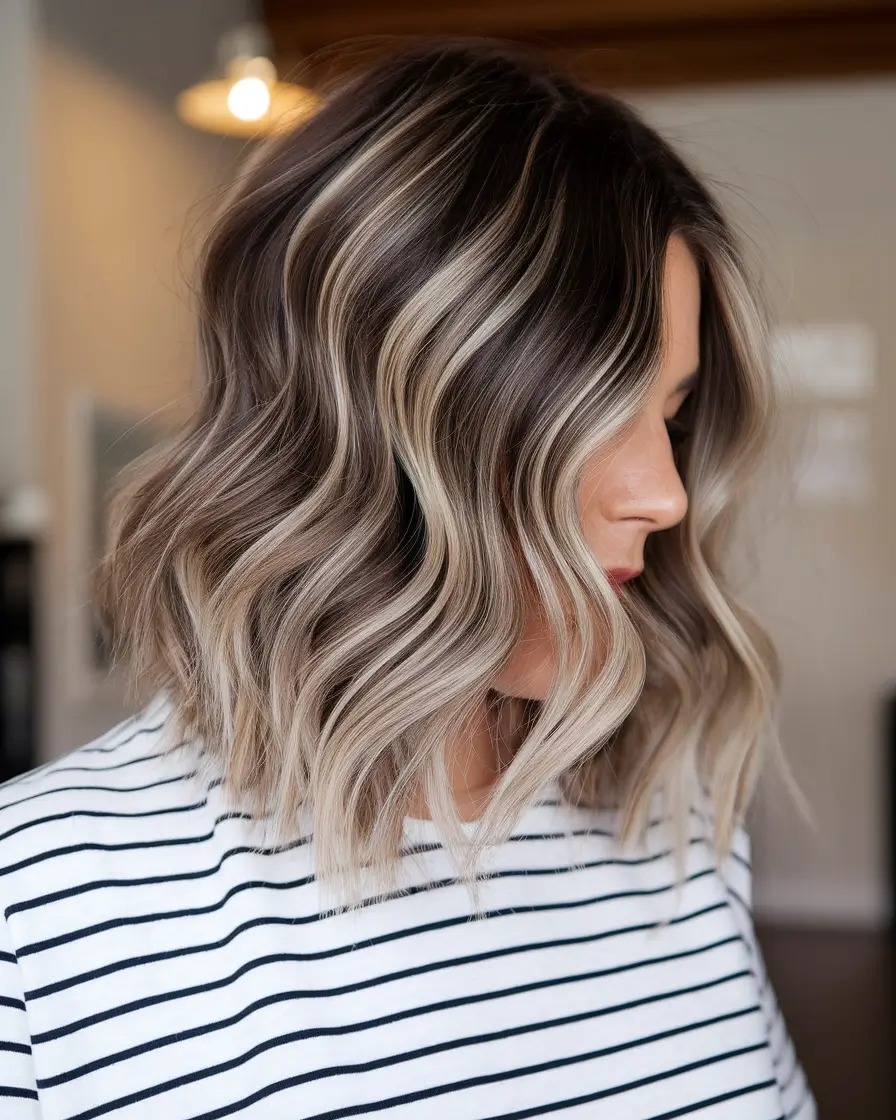 blonde hair color ideas for fall winter balayage short hair+Dimensional Lob with Pearly Champagne Highlights