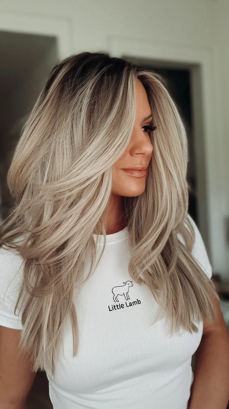blonde hair color ideas for fall winter balayage blonde+Layered Ice Blonde with Feathered Volume