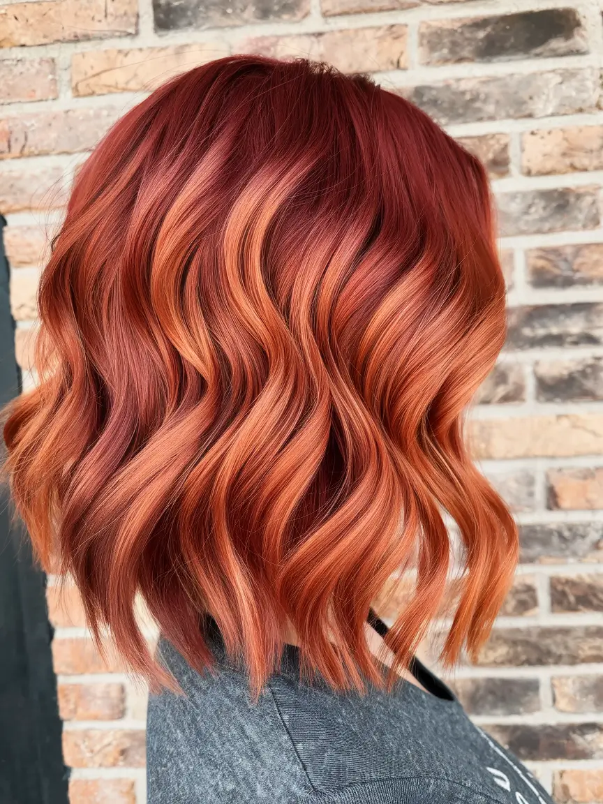 dark brown hair color ideas fall balayage+Burnt Copper Melt on Wavy Bob