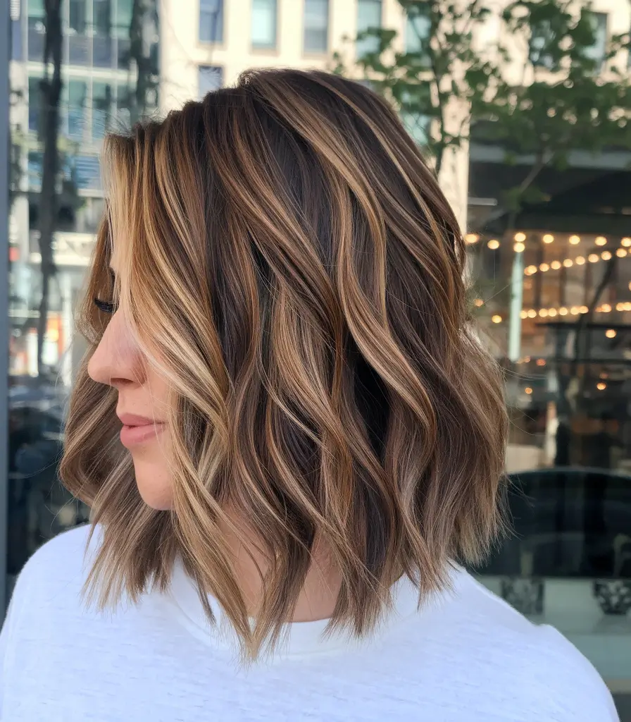 blonde hair color ideas for fall winter balayage brown+Golden Espresso Bob with Sharp Definition