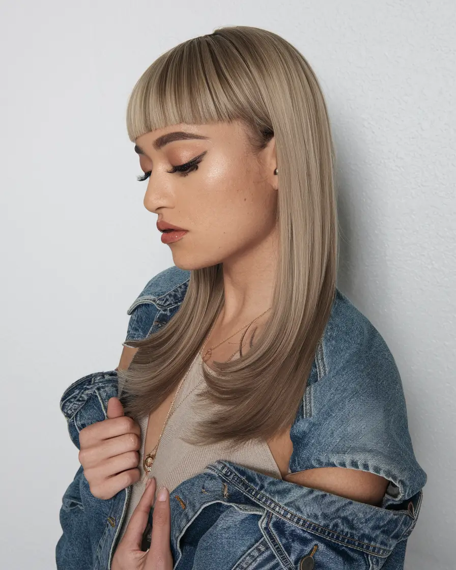 fall hair color ideas+Blunt Blonde Layers with a Vintage Bang