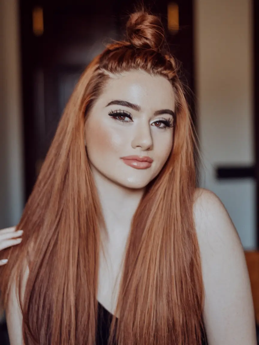 fall hair color ideas+Glossy Copper Length with a Top Knot Twist