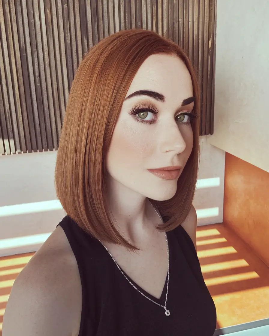 fall hair color ideas+Sleek Cinnamon Blunt Bob