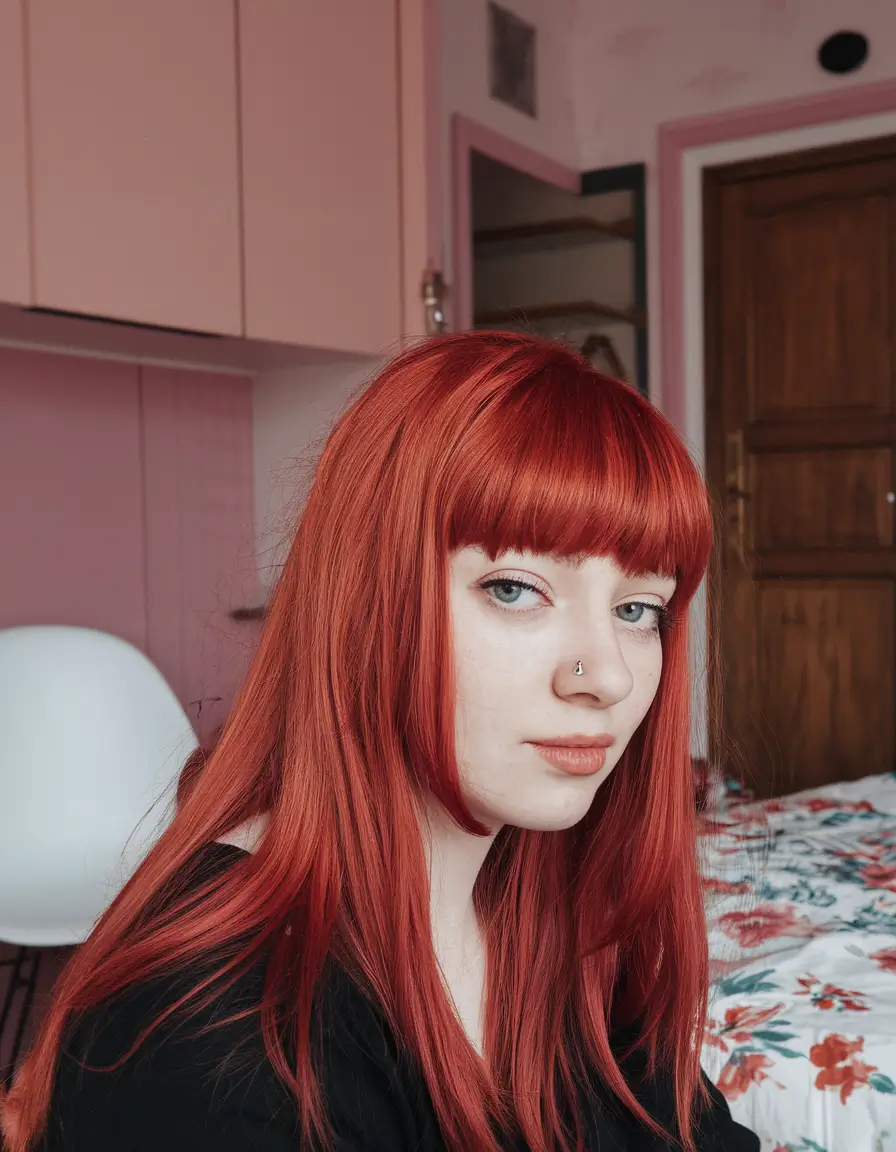 fall hair color ideas+Retro Red with a Fringe Twist