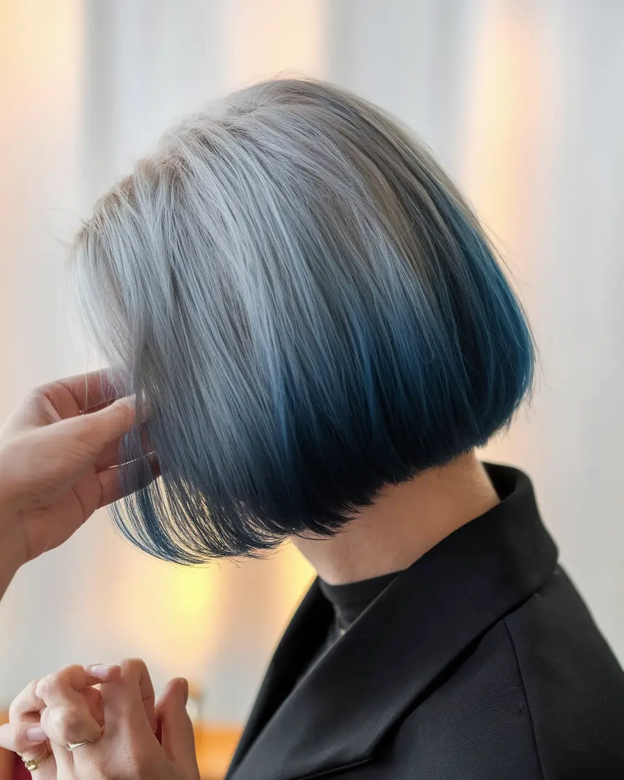 fall hair color ideas+Frosted Steel to Midnight Teal Bob
