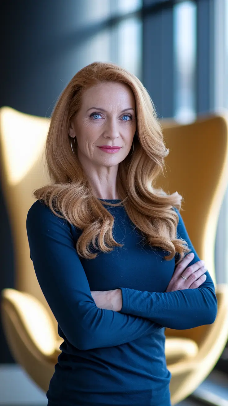 fall hair color women over 40 Classic Caramel Waves with a Warm Golden Base