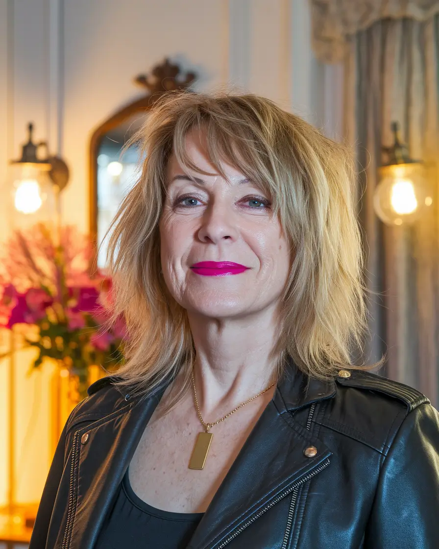 fall hair color women over 40 Bold Layered Cut with Sandy Gold Depth
