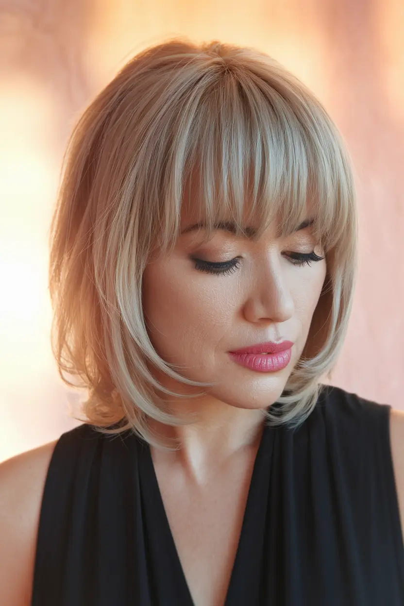 fall hair color women over 40 Soft Blonde Layers with Feathered Bangs