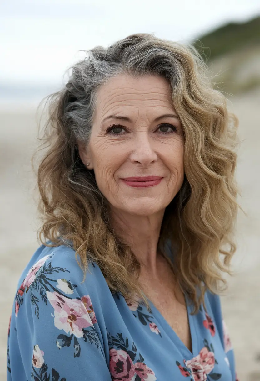 fall hair color women over 40 Rooted Honey Blonde with Natural Curls