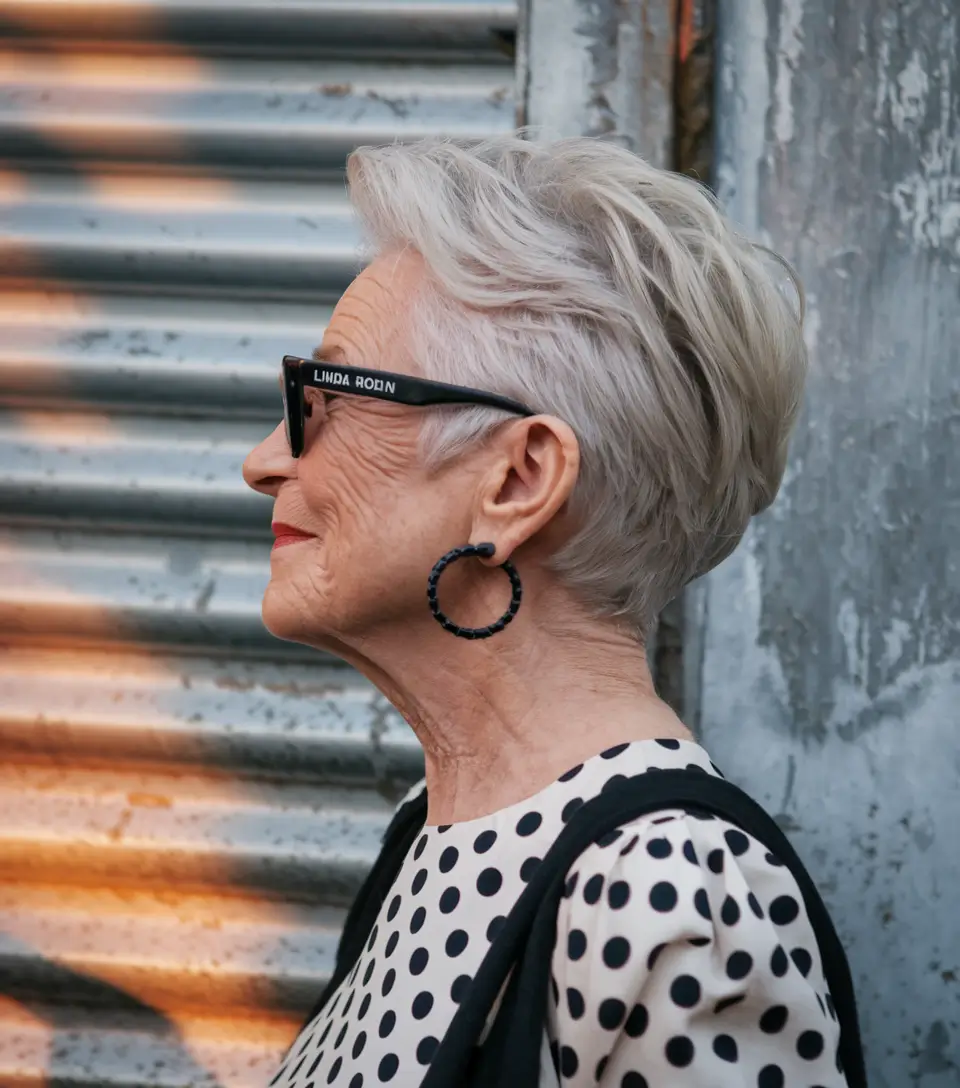 Fall hair color women over 60 Warm Pearl Pixie with Soft Undercut