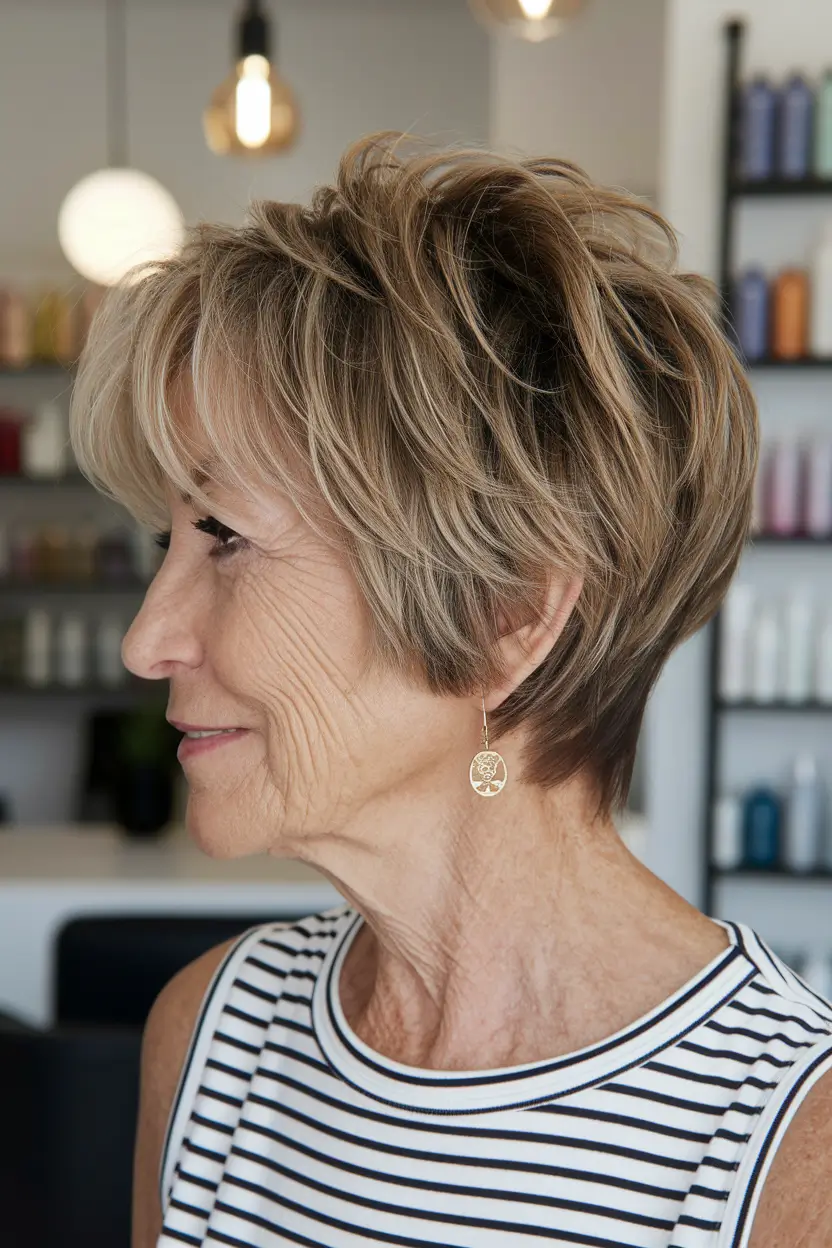 Fall hair color women over 60+Textured Ash Bronde Pixie
