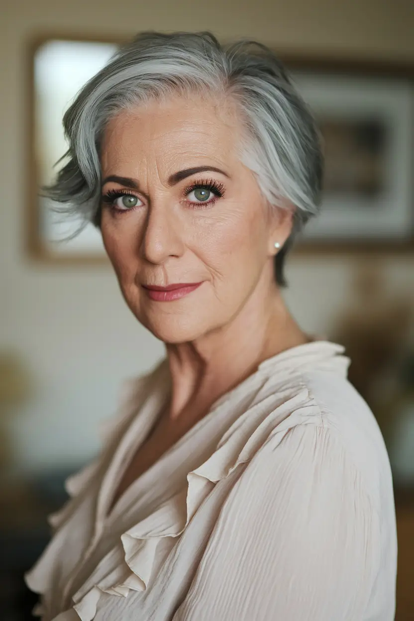Fall hair color women over 60+Steel Silver Swoop With Edge