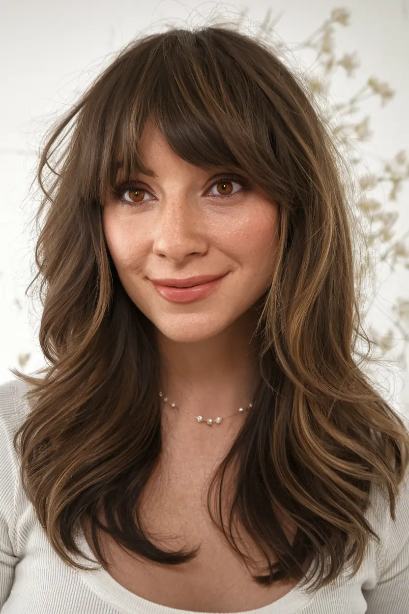 warm fall hair color for brunettes Soft Brunette Waves with Golden Dimension