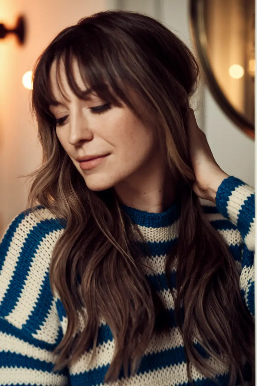 warm fall hair color 2025 Soft Curtain Bangs with Cocoa Swirls