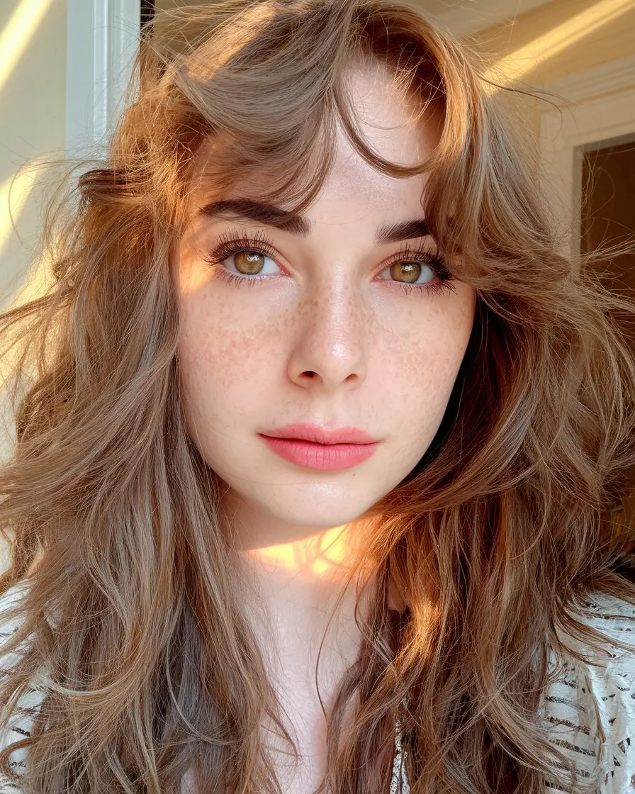warm fall hair color blonde Wheat-Toned Blonde with Airy Curtain Bangs