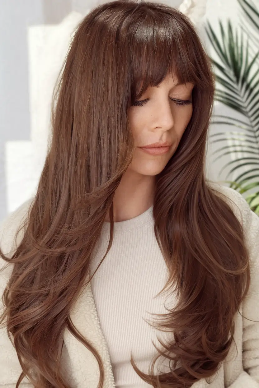 warm fall hair colors chocolate brown Soft Fringe with Warm Mocha Layers