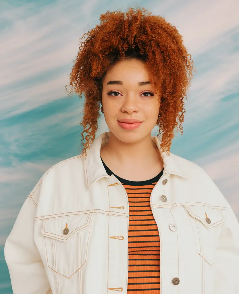 warm fall hair color for short hair Golden Auburn Coils in a Pineapple Updo