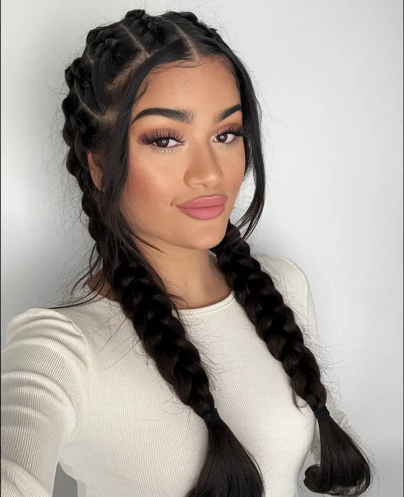 fall haircuts 2025 medium oval face Double Braids with Defined Parting