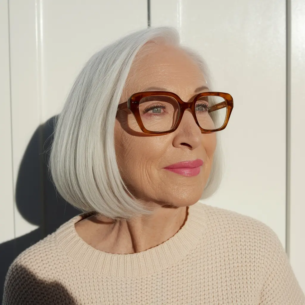 Fall haircuts for women over 60 Snowy Precision Bob with Glasses Chic