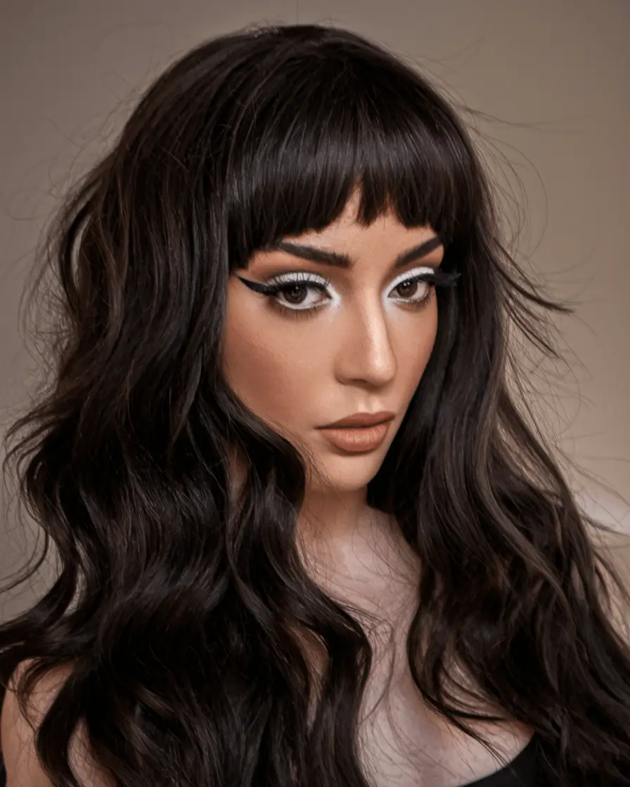 fall haircuts 2025 long layers Ultra Dark Waves with Short Micro Fringe