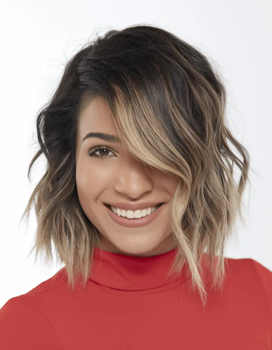 fall haircuts Wavy Blunt Lob with High-Contrast Balayage