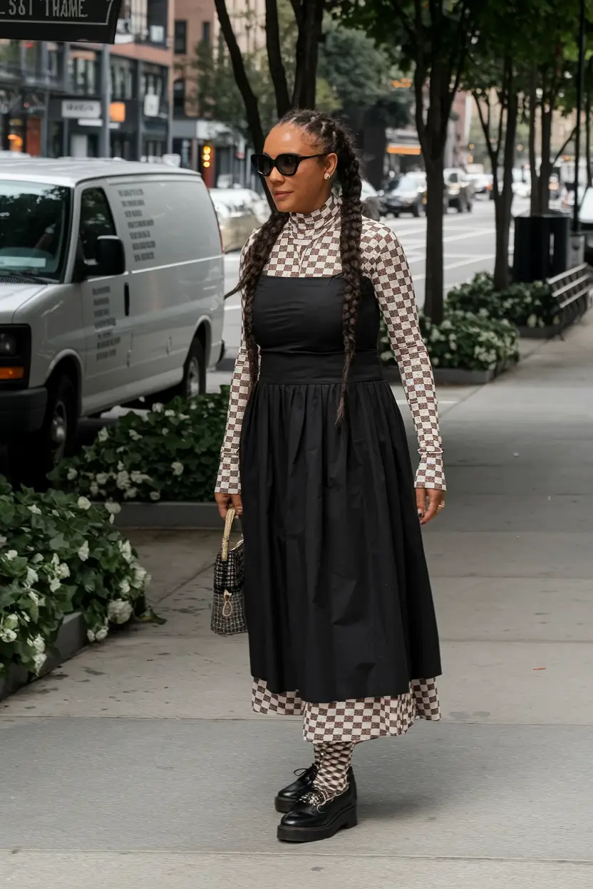 layering for fall outfits ideas 2025 Checkerboard Layers and Graphic Grace