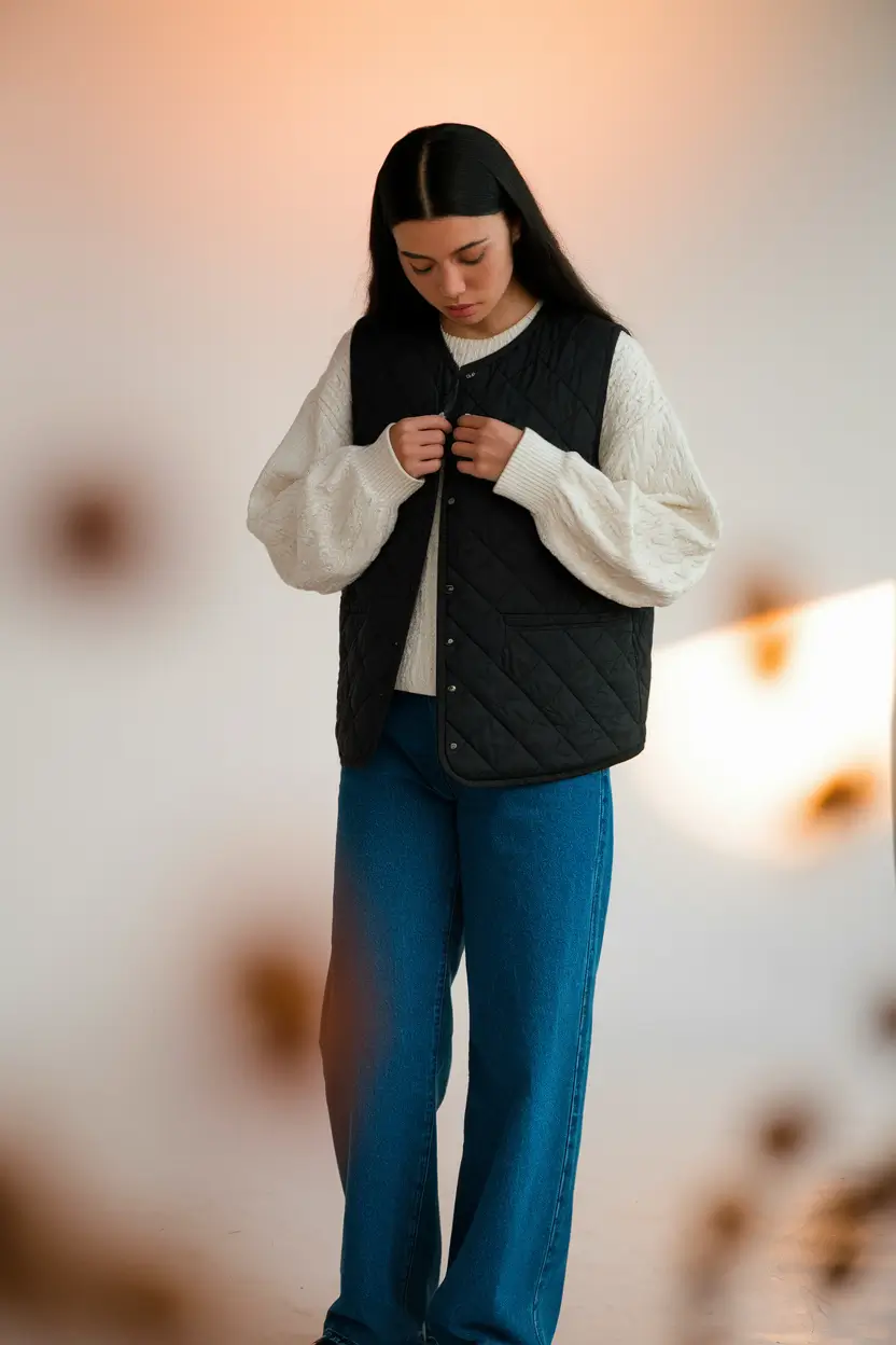 layering for fall outfit ideas Quilted Layers Meet Soft Volume