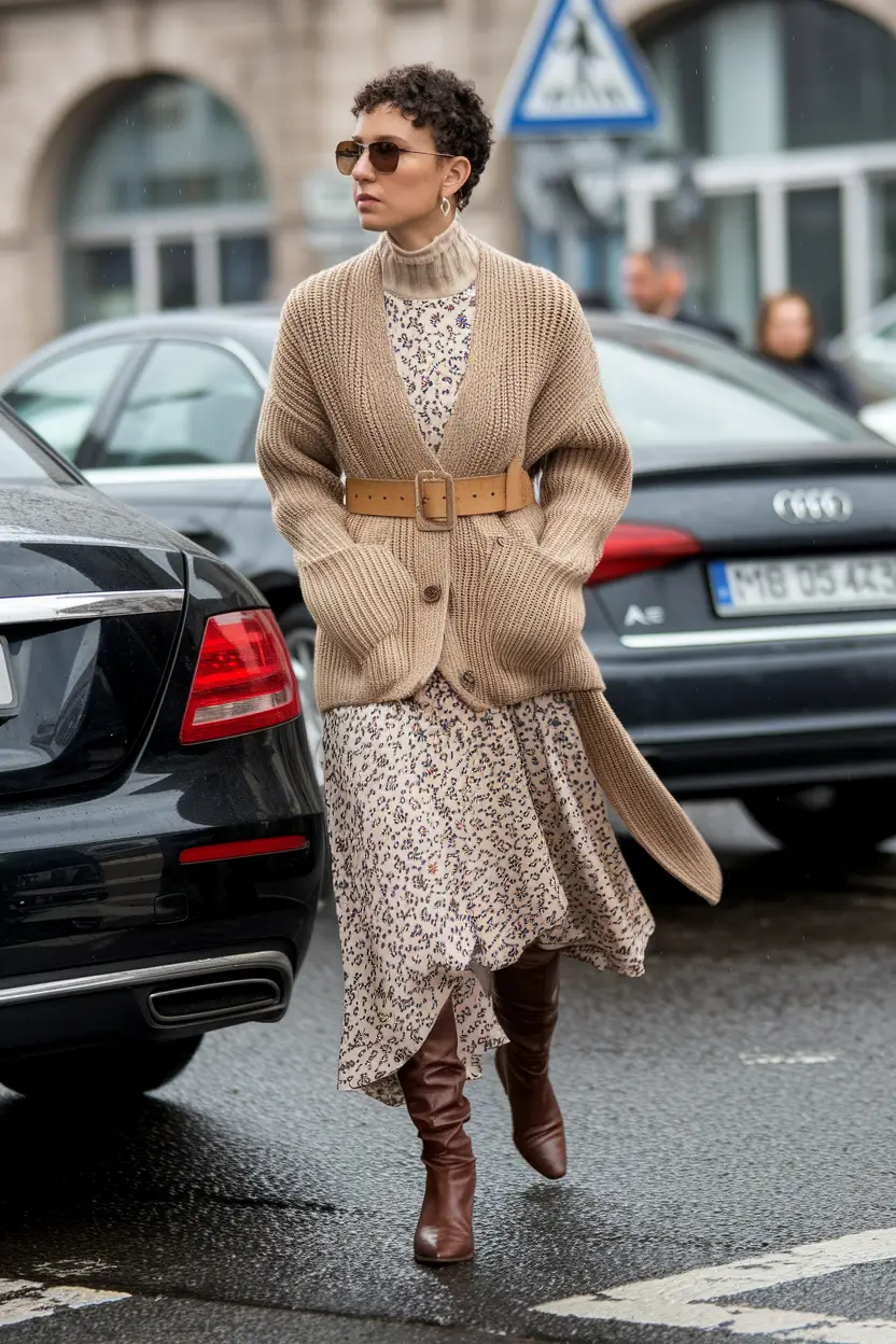 layering for fall outfits ideas 2025 Sweater-Dress Romance with Belted Definition