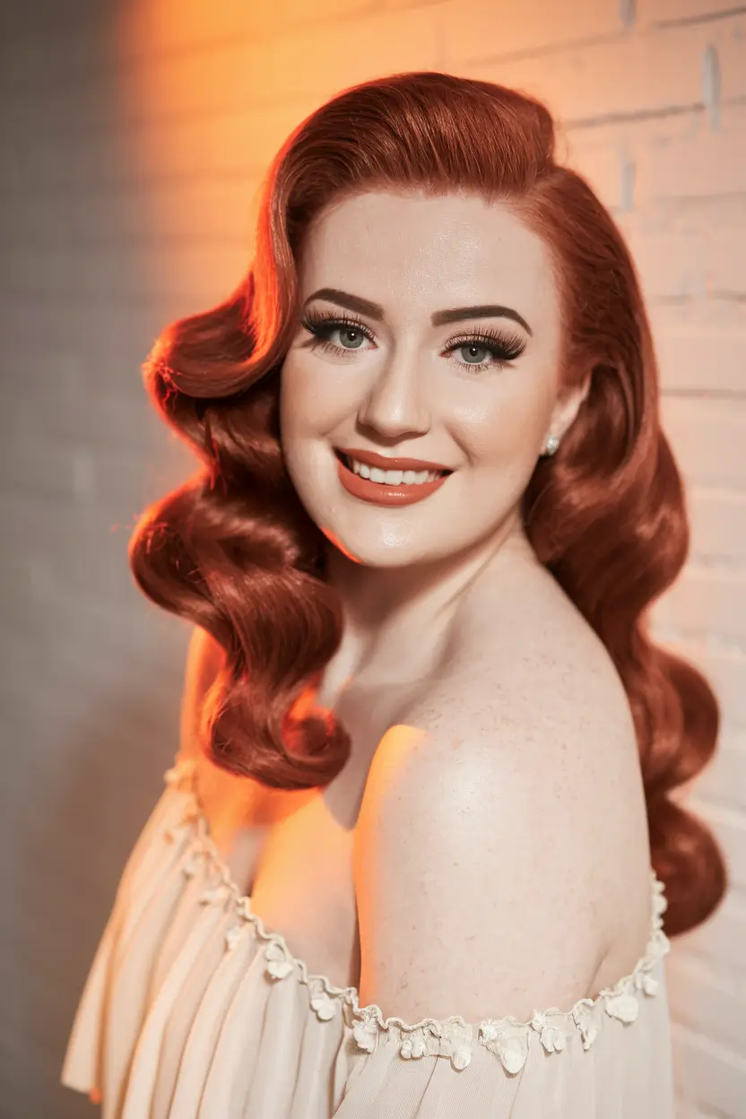 fall hairstyle long hair+Retro Hollywood Waves with Radiant Copper Shine