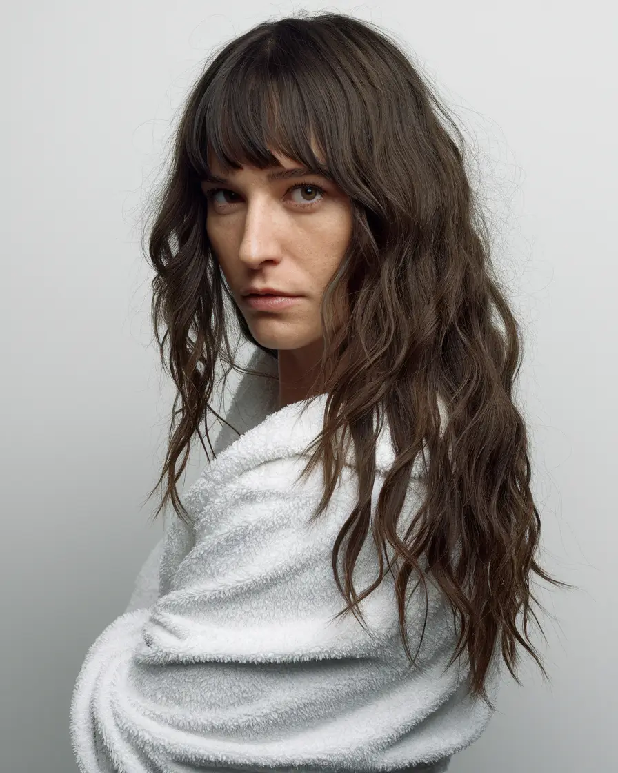 Fall hairstyle for long hair+Choppy Texture with French-Inspired Bangs