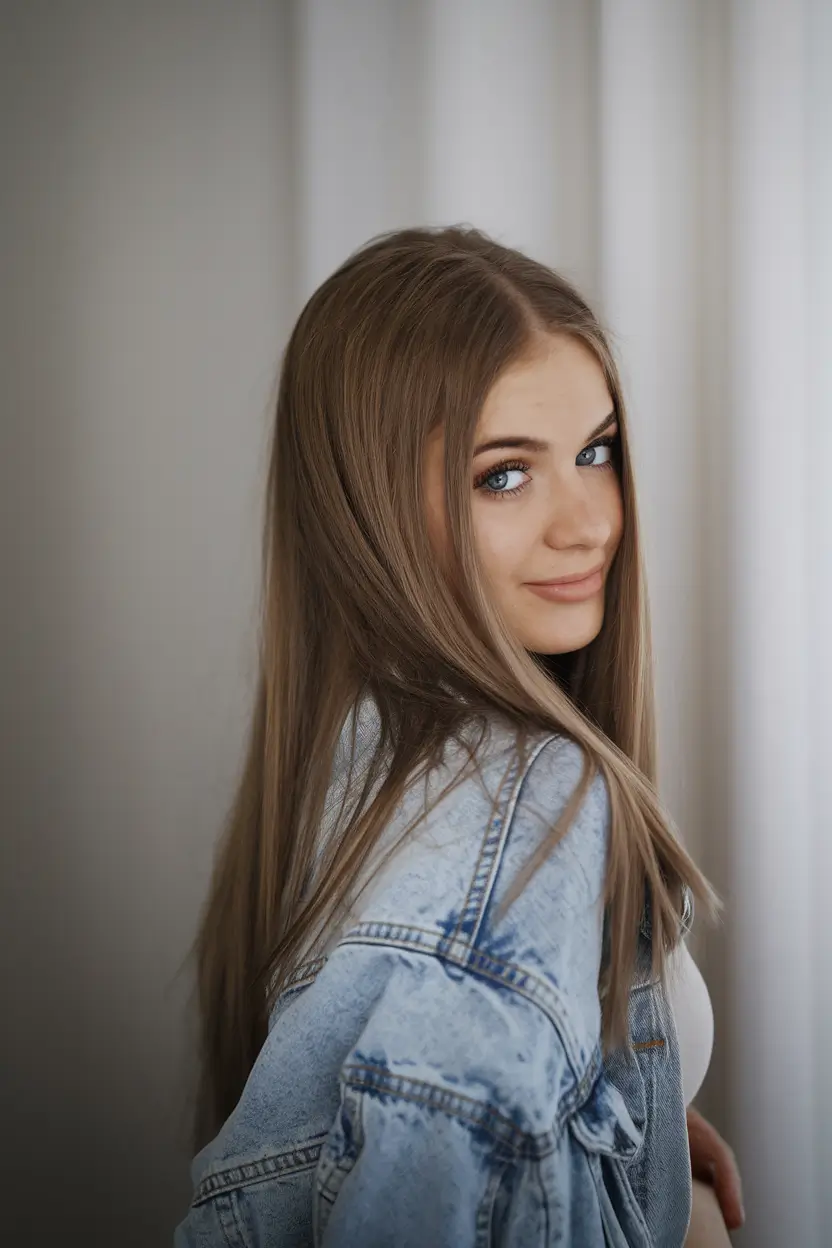 hairstyle long hairstyle+Glossy Straight with Center Part and Muted Mocha Tone