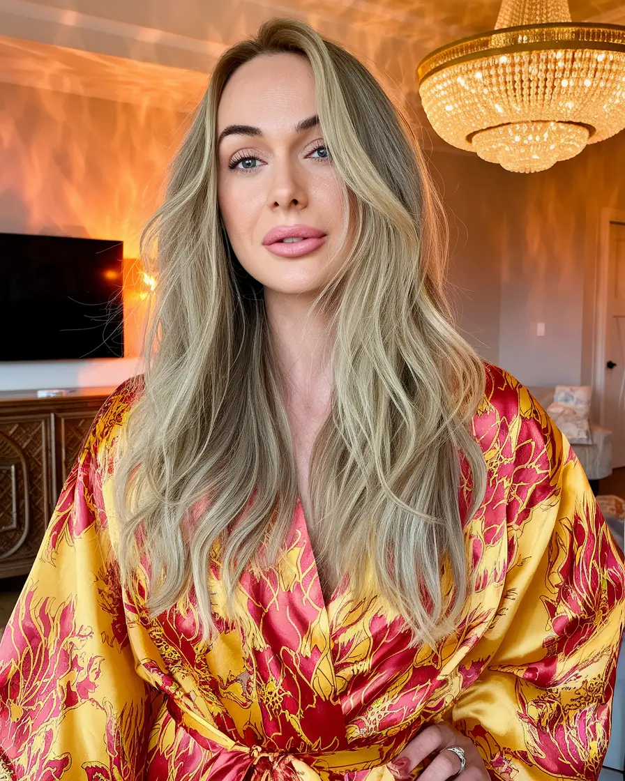 fall long hairstyle+Golden Beige Balayage with Bombshell Volume
