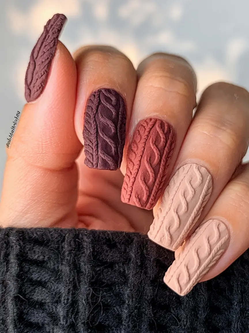 long fall nails 2025 Cozy Cable Knit Matte Nails