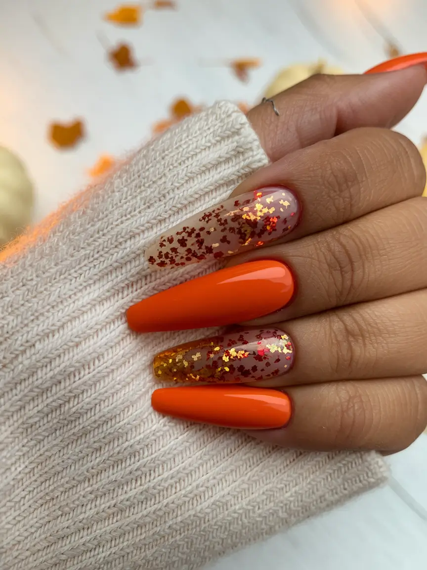 long fall nails 2025 Glossy Tangerine with Fall Glitter