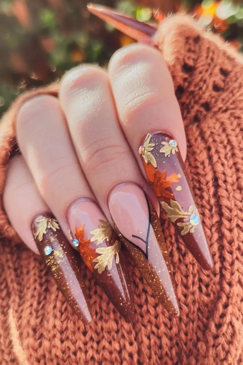 long fall nails 2025 Maple Glam Stiletto Nails with Gems