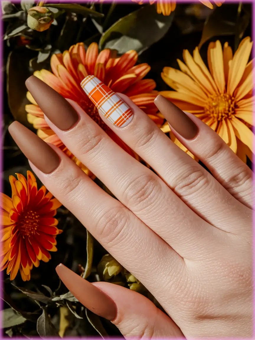 long fall nails 2025 Matte Mocha Plaid Accent Nails